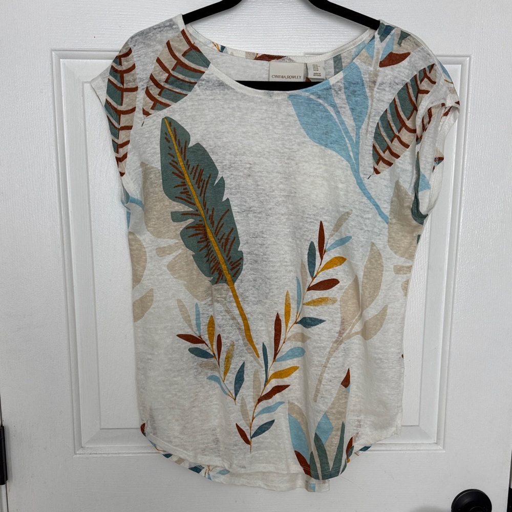 Cynthia Rowley Leaf Print Short Sleeve Top - 100% linen
